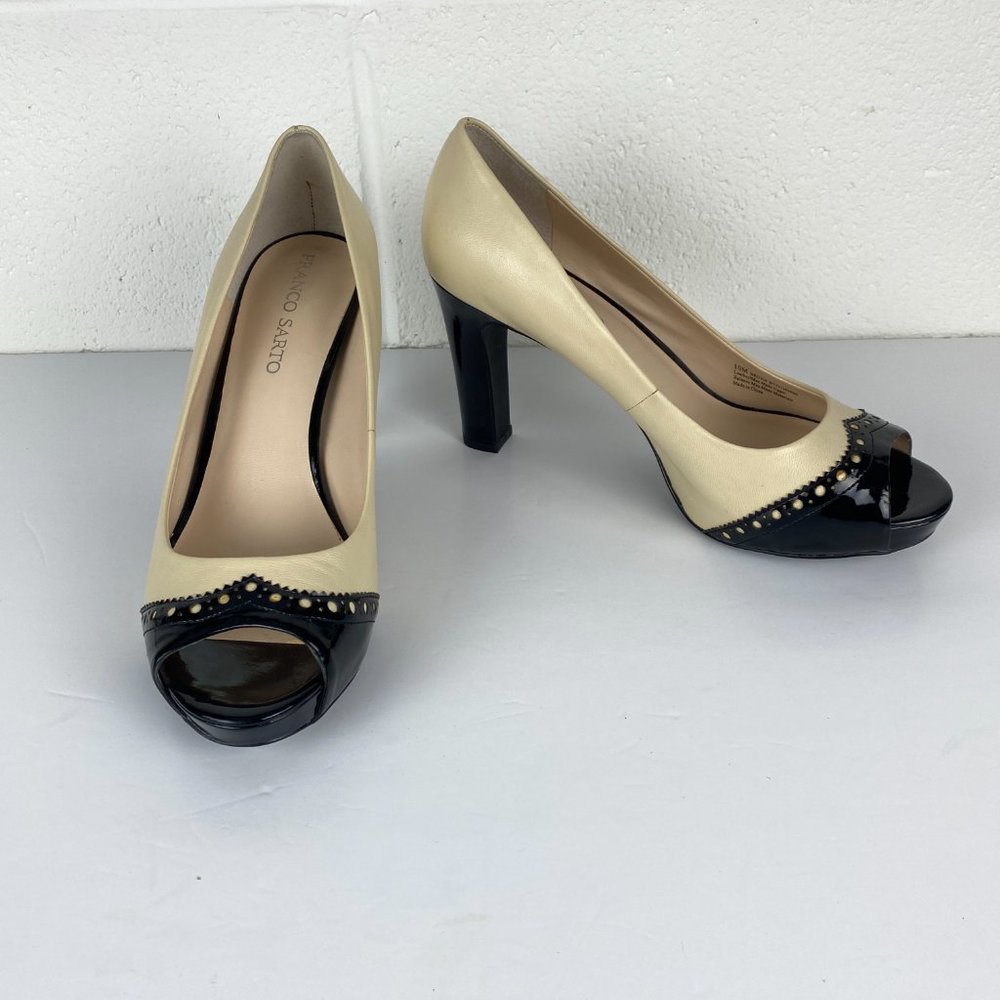 Franco Sarto Shoes Size 10‎ Ivory Black Bruna Leather Wing Tip Peep Toe Pump